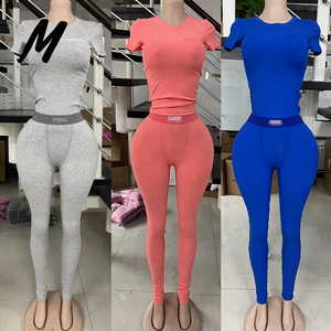 Kadınlar İçin Kısa Kollu Tişört Tayt Salon Takımı Toptan Pamuklu Nervürlü Özel Tasarım Salon Takımı 2 Parça Kadın Takımları - Product Image 5