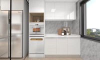 Armário de Cozinha Compacto RTA em MDF com Acabamento em PVC, Preço Baixo, Sistema de Elevação Elétrico, Vidro e Resina Modular