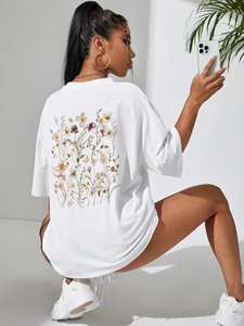 Camisetas cómodas de algodón con estampado de racimos de flores hermosas para mujer, camisetas informales transpirables suaves de manga corta, ropa de calle holgada - Product Image 5