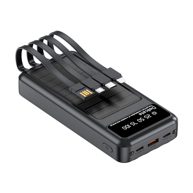 New Trend Outdoor Solar Power Bank 20000mAh Built-in 4 Cables Portable Battery Charger 20000mah Wires Powerbank With LED Light