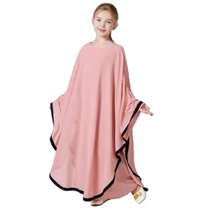 Plain pink black color chiffon fabric 2 piece sets out wrap with inner abaya for muslim child girl