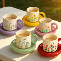 Tasse à café en porcelaine à motif de plantes vertes européennes avec poignée ronde, ensemble tasse et soucoupe en céramique personnalisé