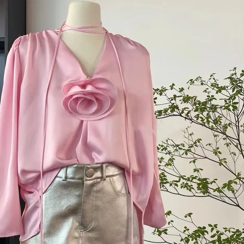 2023 Spring Trendy Ladies Pink Elegant Fashionable Vintage Long Sleeve Floral Satin Blouse and Skirt Two Piece Set Office Wear