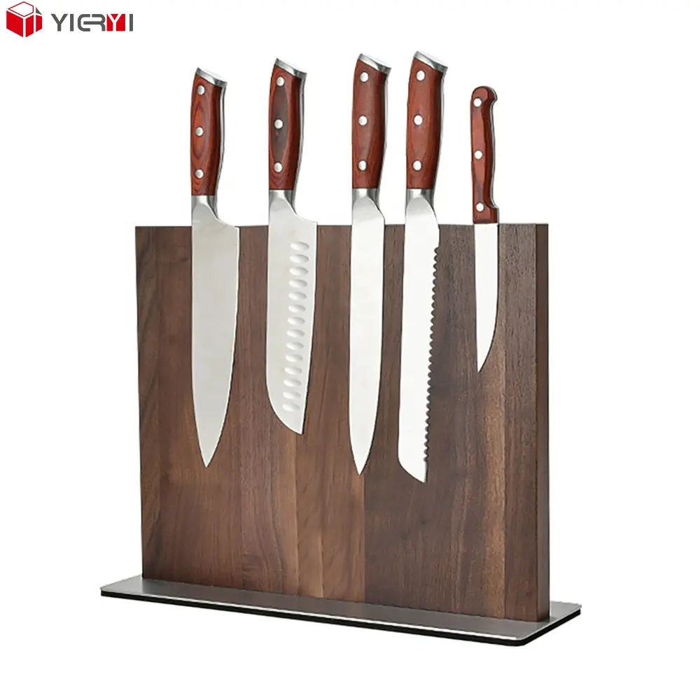 YIERYI Magnetic Knife Holder For Kitchen New Design Walnut Wood Knife Block Holder Storage Knife Stand messenblok