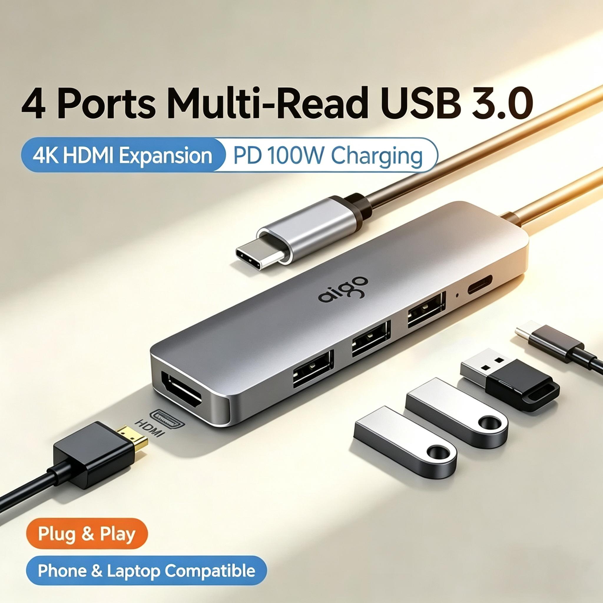 5-in-1 USB-C Converter Multiport Adapter, Video,Multiple USB Interfaces,100W PD For Windows Mac Laptop Multi Screen Setup