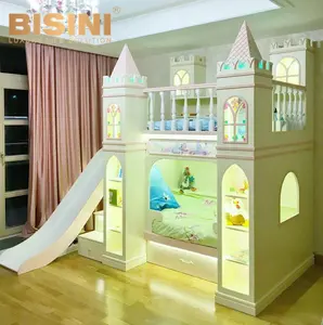 Litera de madera maciza con escalera para niños y niñas, cama de Castillo King, personalizada, colorida