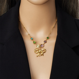 Fashion Pendant Necklace Gold Plated Bow Angel Chain Colorful Gemstone Stainless Steel Party Jewelry - Product Image 3