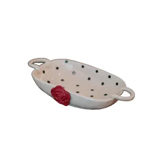 Ceramic Rectangular Baking Tray Polka Dots Baking Dishes 3d Red Roses Flower Small Mini Casserole Dish with Double Handle