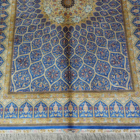 Tapis en soie bleu 4x6, design dôme médaillon persan Qum, fait main en Chine, noué à la main, pour chambre à coucher à Dubaï