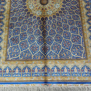 Alfombra Persa Azul de Seda de 4x6, Diseño de Medallón Persa Qum, Hecha a Mano en China, Anudada a Mano, para Dormitorio en Dubái - Product Image 5