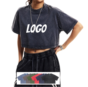 เสื้อครอปสตรีแนววินเทจผ้าฝ้าย100% 230gsm เสื้อยืดซักกรดพิมพ์ลายถักแบบลำลองฤดูร้อน - Product Image 1