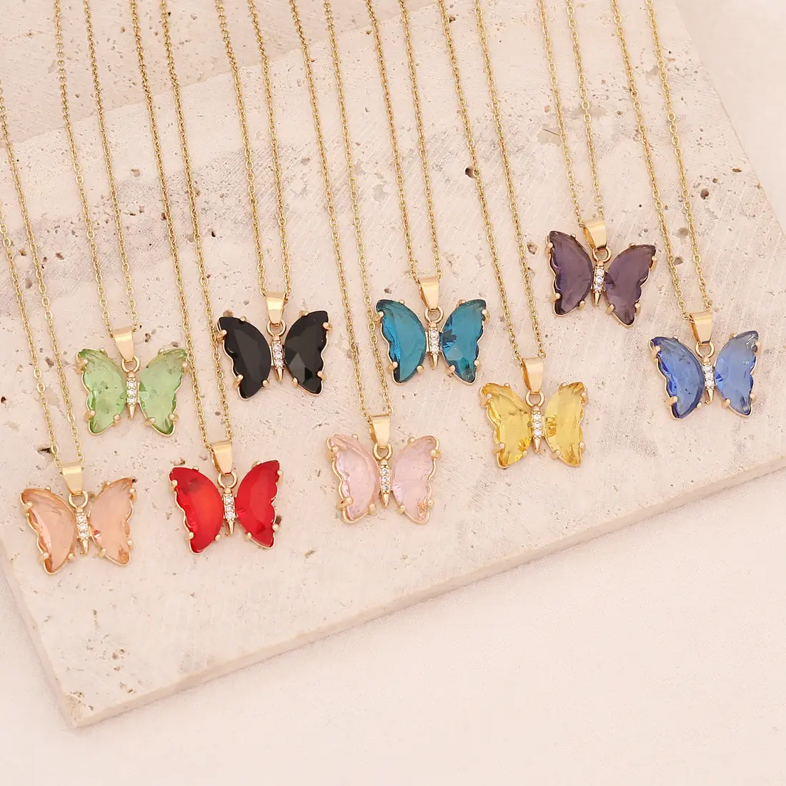 Risingmoon Party Gift Multicolor Stainless Steel Chain Glass Butterfly Necklace