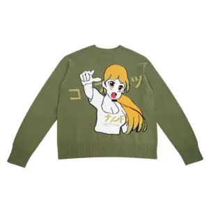 Customised Mens 12G Cotton Green Anime Girls Pullover Regular Neck Sweater Men's Pullover with Large Character Pattern