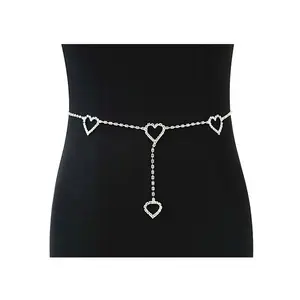 Shiny Rhinestone Heart Layered Geometry Single Layer Waist Tennis Chain Navel Beach Bikini Waterproof Waist Chain