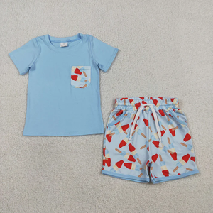 Nouveaux ensembles de vêtements pour enfants, haut bleu à poche et short à carreaux, ensemble de vêtements d'été pour garçons - Product Image 5