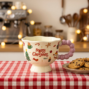 Merry Christmas <b>Ceramic</b> <b>Mug</b> Set With Red Beaded Handle Cartoon Design For Party Use - Product Image 4