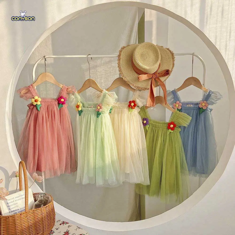 Conyson Ins sling strap baby girl summer dresses solid color little girl dress kids Clothes tulle tutu dress for 1-6years