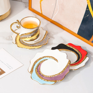 Taza de Café de Cerámica con Borde Dorado, Platillo, Taza de Espresso para el Hogar, Juego de Tazas de Cerámica de Lujo con Borde Dorado para el Té de la Tarde - Product Image 3