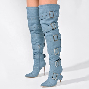 Belt Buckles Women Knee High Boots Metal Slim Heeled Denim Long <b>Booties</b> Sexy Punk Blue Stiletto Dress Shoes - Product Image 1