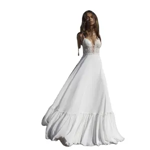 Simple Bohemia Illusion Lace Appliques Wedding Dress Off Shoulder Spaghetti strap A Line Bridal Gown 2020 Vestido de novia