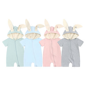 Combinaison en coton tricoté à manches courtes pour nouveau-nés filles et garçons, barboteuse à oreilles de lapin, vêtements pour bébés - Product Image 1