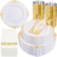 Ensemble de vaisselle en plastique blanc doré de 350 pièces, 100 assiettes à dessert de 7,5 pouces, 10,25 pouces, 150 couverts, 50 gobelets de 10 oz, 50 serviettes