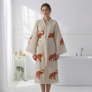 Bata Kimono Ligera de Algodón Turco Estampada a Mano para Verano, Bata de Baño 100% Algodón Tejido Transpirable para Mujer y Hombre, Primavera/Verano - Product Image 1