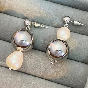 Wholesale Fashion Jewelry Summer New Style Simple Silver Ball Earrings Chunky Freshwater Pearl Dangle Drop Earrings for Women