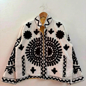 Vintage <b>White</b> Velvet Embroidered Suzani <b>Jacket</b> With Black Floral Pattern Full Sleeve Stand Collar Handmade Bohemian Tribal Coat - Product Image 1