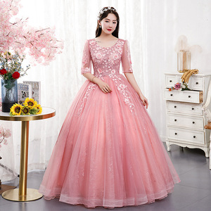 Prom Dress Ball Gown Scoop Neck Chiffon Floral Print Pink Long Evening Gown Women's Formal Wear - Product Image 1