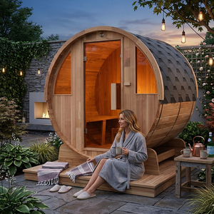 Sauna de Barril de Madera Maciza para Exteriores con Calefacción Eléctrica, Diseño Escandinavo, para 4 Personas, Puerta de Vidrio, Material Natural, Alimentación por Enchufe - Product Image 2