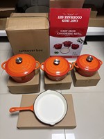 Set Peralatan Masak Enamel Cast Iron 4 Pcs, Dutch Oven, Wajan, Set Peralatan Masak, Aman untuk Induksi & Oven, Tahan Lama, Set Panci Masak, Bersertifikasi LFGB FDA