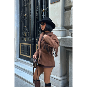 Veste en daim marron automne-printemps avec pompons en cuir de mouton, logo personnalisé, style bomber oversize, taille XL, polyester - Product Image 4