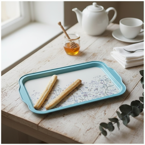 Modern Floral Design <b>Pastel</b> Blue 215x316mm Rectangular Metal Tray Serving Platter with Decorative Handle Fancy <b>Decor</b> Tray - Product Image 3