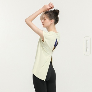 Women Short Sleeve Yoga <b>Top</b> Cross Split Open Back Loose Fit Quick Dry Breathable Workout T Shirt Running Pilates Athletic Tee - Product Image 1