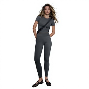 Women's High Waist Yoga <b>Legging</b> Set Short Sleeve <b>Crop</b> Top Full Length Skinny Fit Breathable Spandex Polyester Minimalist Style - Product Image 1