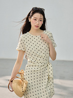 Robe longue décontractée coréenne à pois pour femme, col rond, manches courtes, taille haute, avec lien latéral, en Lyocell, idéale pour les vacances
