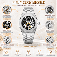 100 montres mécaniques squelette OEM en acier inoxydable pour hommes, cadran personnalisé, montre-bracelet automatique haut de gamme, verre minéral, lumineuses