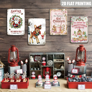 Ensemble de panneaux métalliques vintage de Noël, décorations murales rétro rennes et pain d'épices, atelier du Père Noël, Pôle <span class=keywords><strong>Nord</strong></span>, panneaux en étain - Product Image 4
