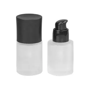 豪华空30毫升圆形透明磨砂化妆品乳液玻璃液体粉底瓶容器，带黑色泵