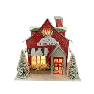 手工工艺圣诞纸板纸房子23厘米纸雪村房子带led灯圣诞桌装饰