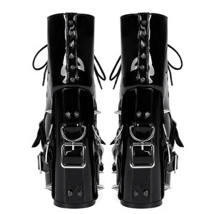 Big Size 47 Women Metal Buckles Rivets Ankle Boots Wide Fit High Chunky Heels Platform Shoes Patent Front Lace up Short <b>Booties</b> - Product Image 3
