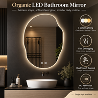 Miroir de salle de bain LED de forme organique avec rétroéclairage 3 couleurs, dégivreur intégral et fixation murale double tactile