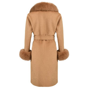 Cappotto di alta qualità in vera lana tinta unita con cintura all'ingrosso doppio lato lungo <span class=keywords><strong>Trench</strong></span> lusso volpe collo in pelliccia da <span class=keywords><strong>donna</strong></span> cappotto in lana Cashmere - Product Image 2