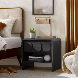 Modern Black Curved Edge Wooden <strong>Bedside</strong> <strong>Table</strong> with Single <strong>Circular</strong> Pattern Design Drawer and Open Shelves Nightstand for Bedroom - Product Image 1