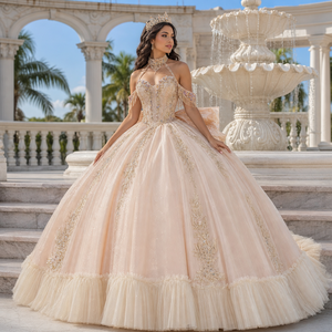 8579 Robe de bal Quinceañera rose exquise, style licou, avec appliques de perles, dentelle et cristaux, traîne chapelle, coupe naturelle, pour soirée - Product Image 1