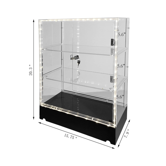 Clear Acrylic Display Removable Shelf Case Plexiglass Showcase with Lock Key Transparent Box Acrylic LED Light Display Cabinet