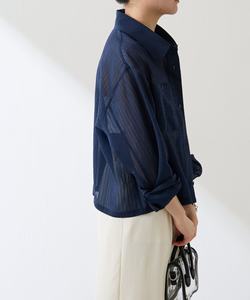 定制高品质休闲时尚上衣女式蓝色透明翻领衬衫，带纽扣装饰，适合日常办公穿着 - Product Image 2