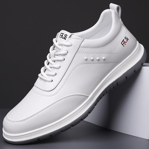 Zapatos para caminar de cuero blanco FAS para hombre, zapatillas informales con punta redonda y cordones, suela de goma transpirable - Product Image 1