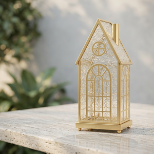 Latest Trending Style <b>Gold</b> Metal House Shape Candle Holder <b>Lantern</b> with Rainfall Glass for Home Decoration - Product Image 6